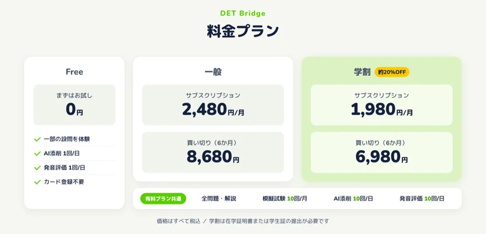 Duolingo English Test対策アプリ「DET Bridge」料金表